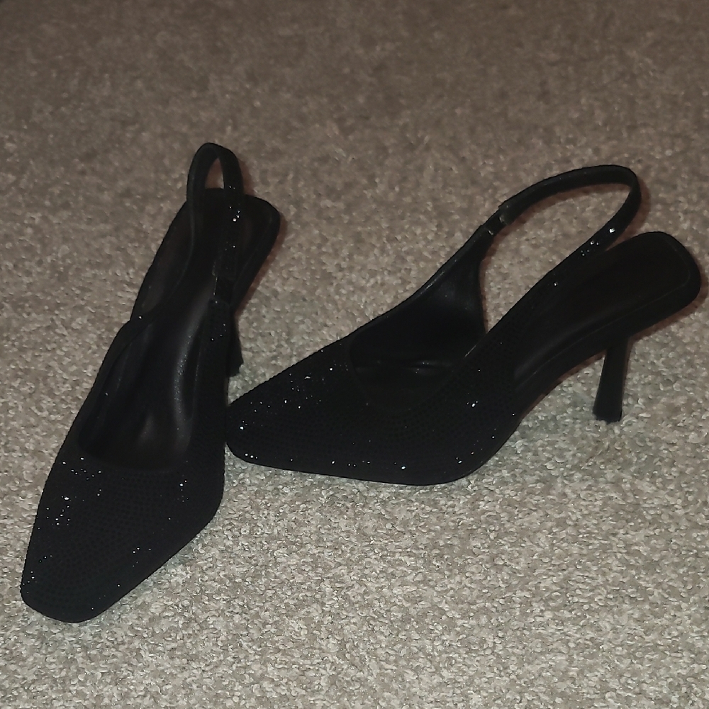 Elegant Black Rhinestone Slingback Heels